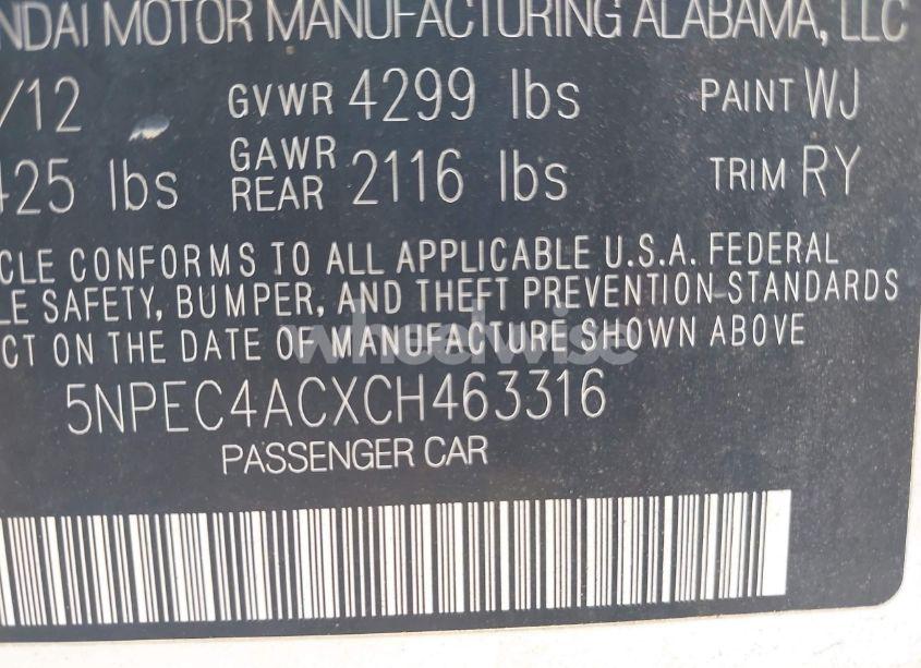 Photo 9 of 2012 Hyundai Sonata SE (VIN 5NPEC4ACXCH463316)