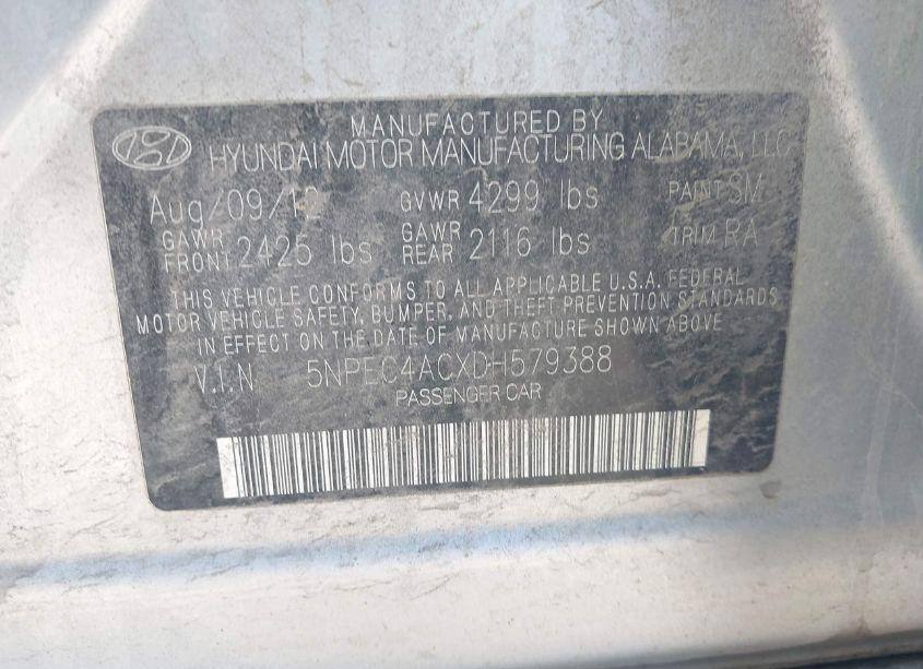 Photo 9 of 2013 Hyundai Sonata SE (VIN 5NPEC4ACXDH579388)