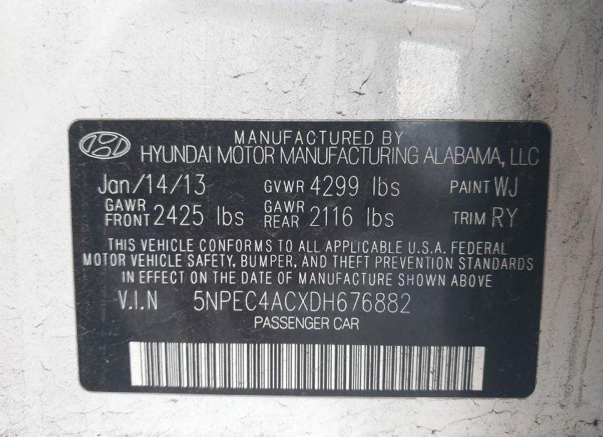 Photo 9 of 2013 Hyundai Sonata SE (VIN 5NPEC4ACXDH676882)