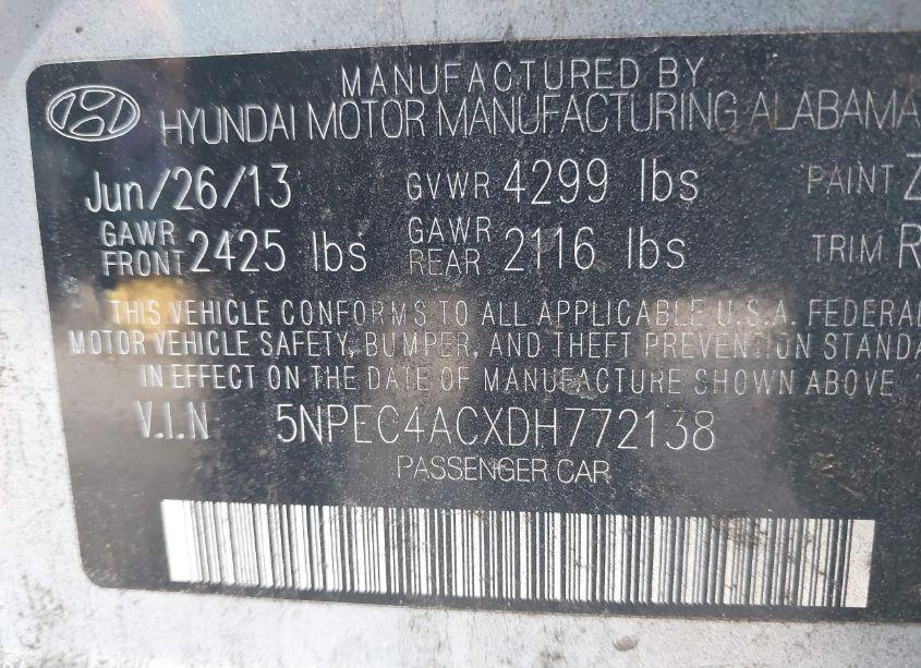 Photo 9 of 2013 Hyundai Sonata SE (VIN 5NPEC4ACXDH772138)