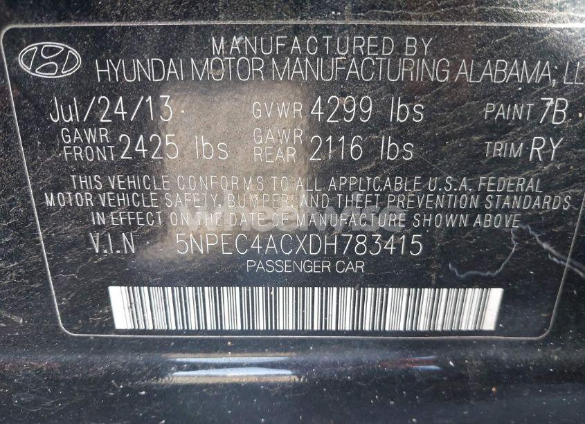 Photo 9 of 2013 Hyundai Sonata SE (VIN 5NPEC4ACXDH783415)