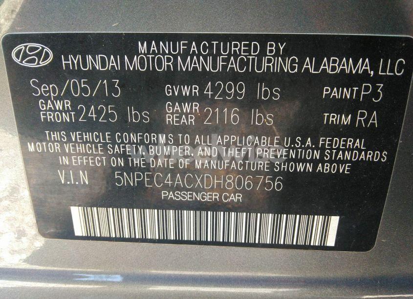 Photo 9 of 2013 Hyundai Sonata SE (VIN 5NPEC4ACXDH806756)