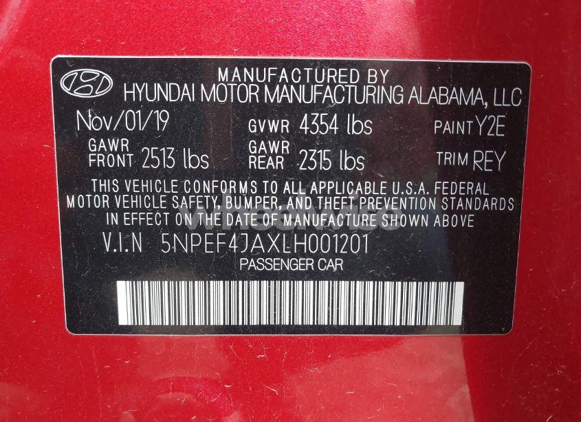 Photo 9 of 2020 Hyundai Sonata SEL (VIN 5NPEF4JAXLH001201)