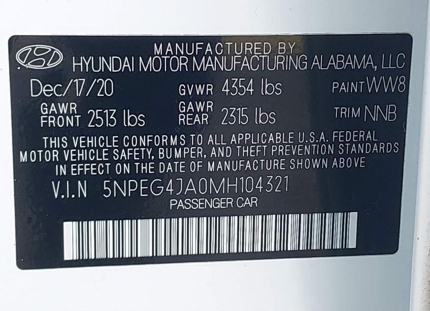 Photo 9 of 2021 Hyundai Sonata SE (VIN 5NPEG4JA0MH104321)