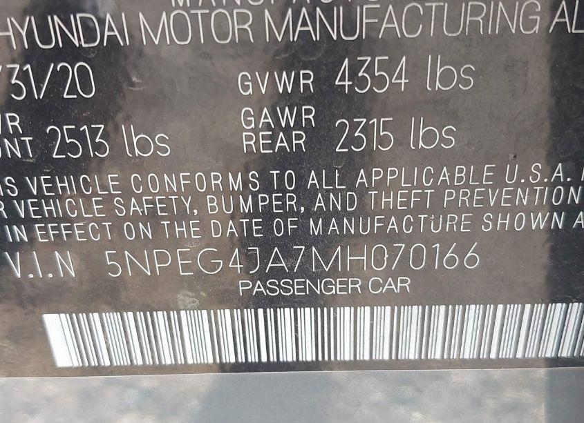 Photo 9 of 2021 Hyundai Sonata SE (VIN 5NPEG4JA7MH070166)