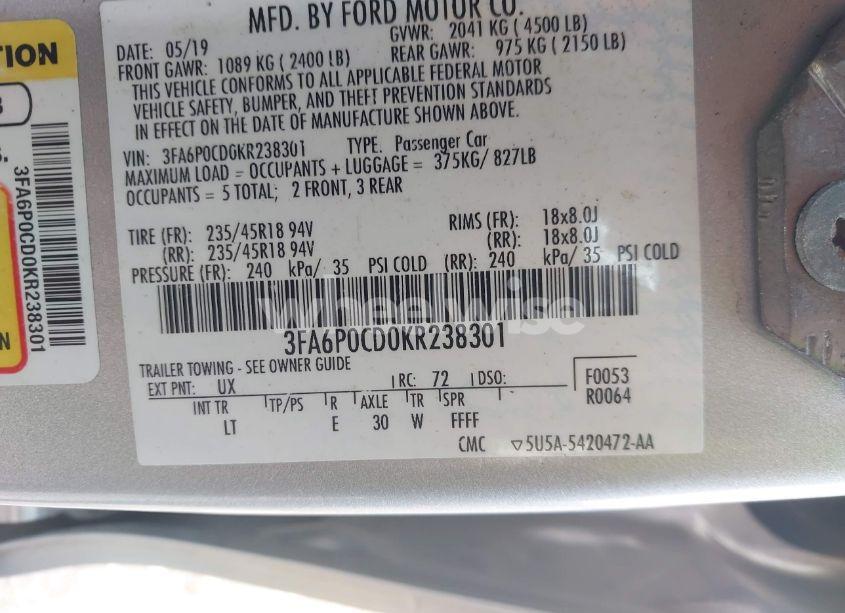 Photo 9 of 2019 Ford Fusion SEL (VIN 5NPEH4J27MH******)