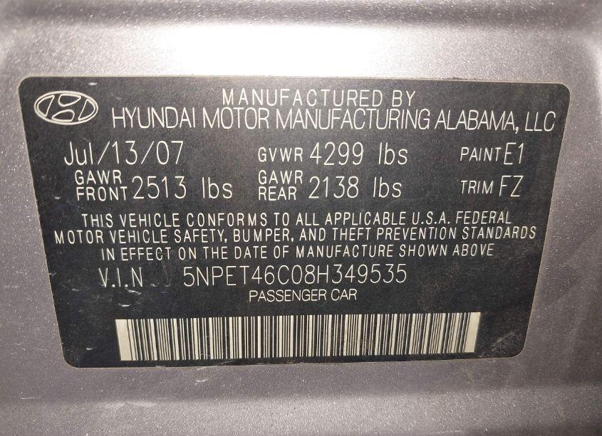 Photo 9 of 2008 Hyundai Sonata GLS (VIN 5NPET46C08H349535)