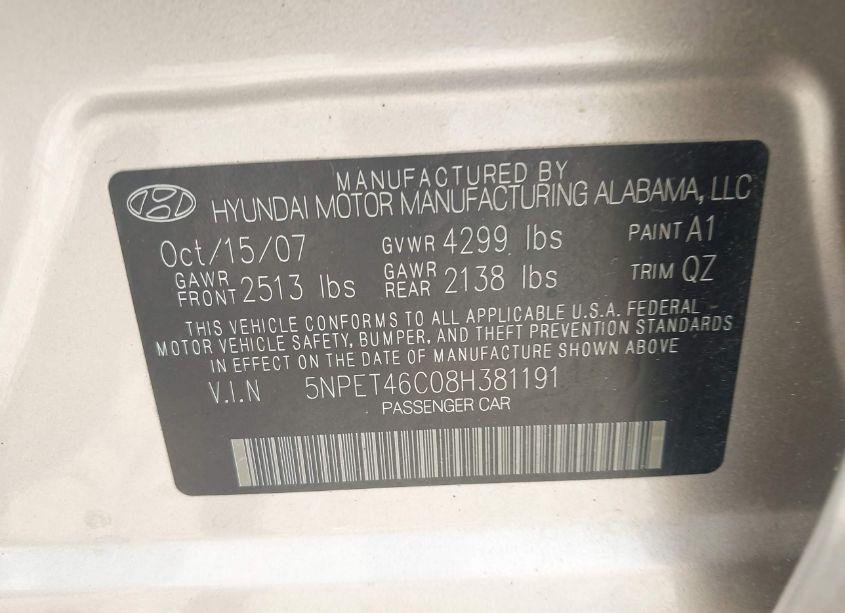 Photo 9 of 2008 Hyundai Sonata GLS (VIN 5NPET46C08H381191)
