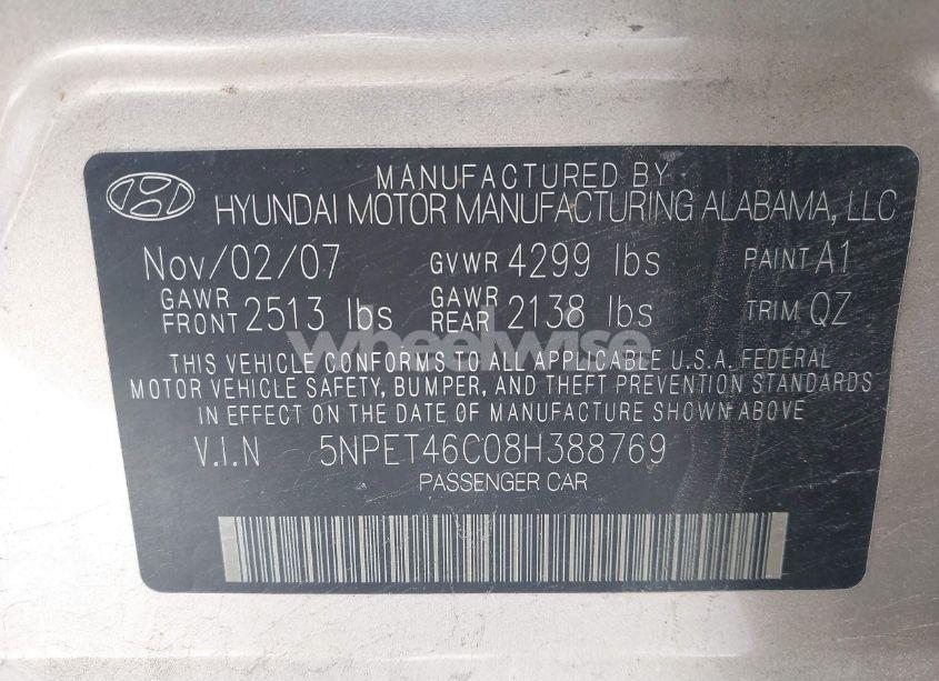 Photo 9 of 2008 Hyundai Sonata GLS (VIN 5NPET46C08H388769)