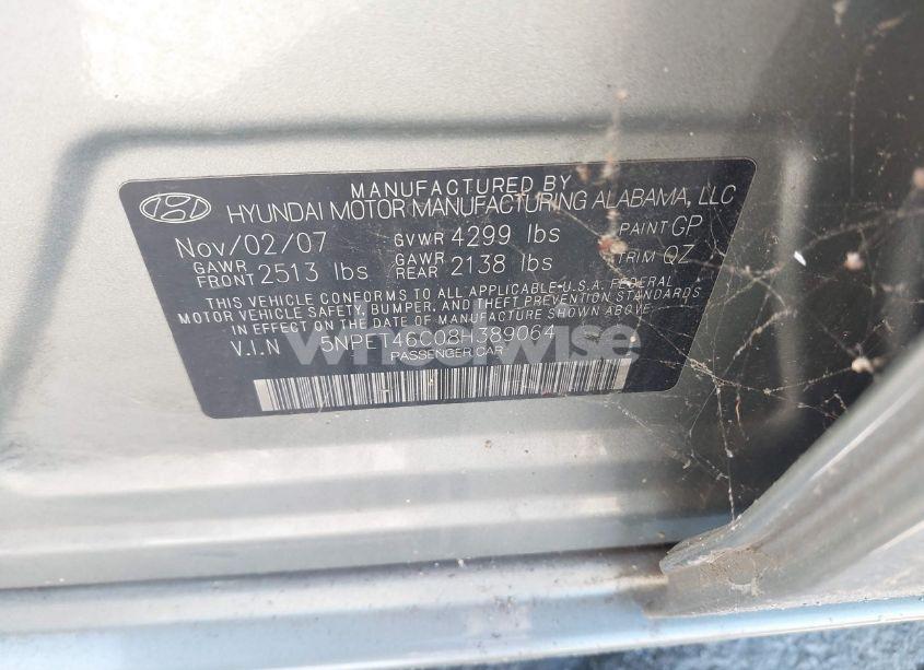 Photo 9 of 2008 Hyundai Sonata GLS (VIN 5NPET46C08H389064)