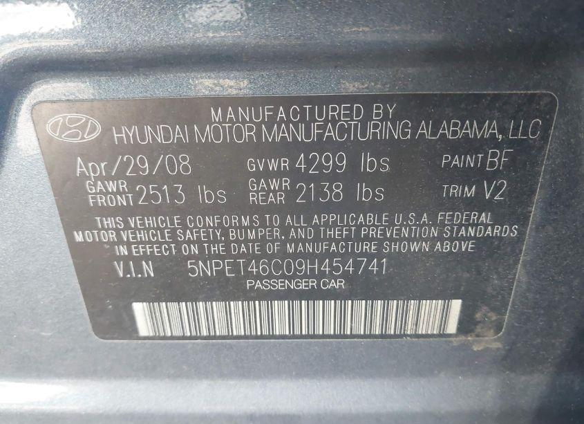 Photo 9 of 2009 Hyundai Sonata GLS (VIN 5NPET46C09H454741)