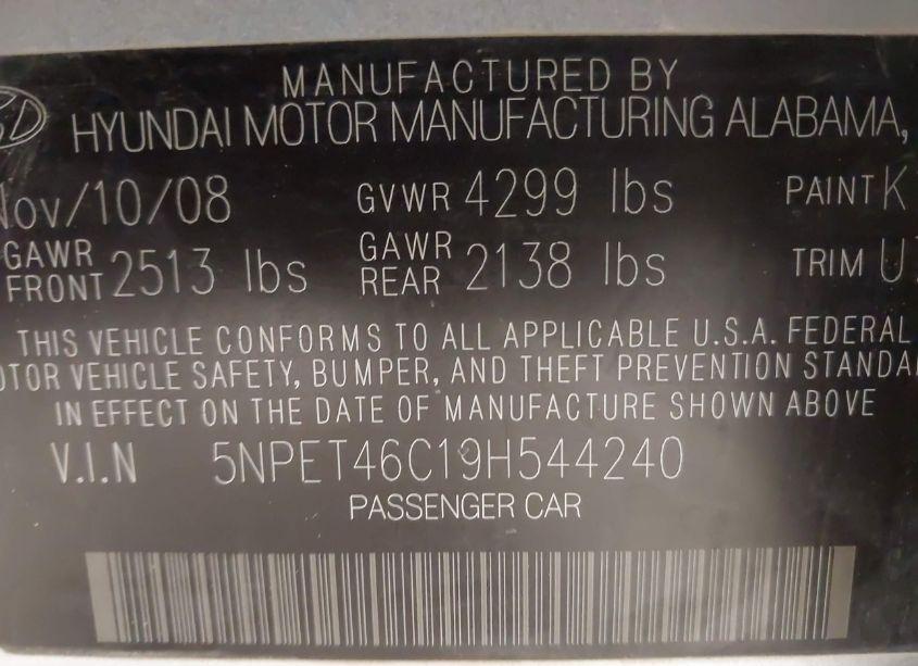 Photo 9 of 2009 Hyundai Sonata GLS (VIN 5NPET46C19H544240)