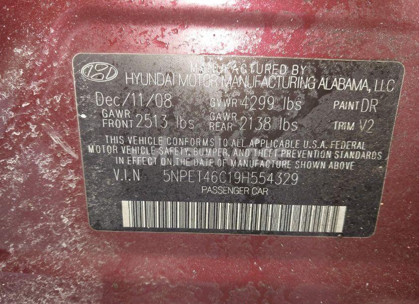 Photo 9 of 2009 Hyundai Sonata GLS (VIN 5NPET46C19H554329)