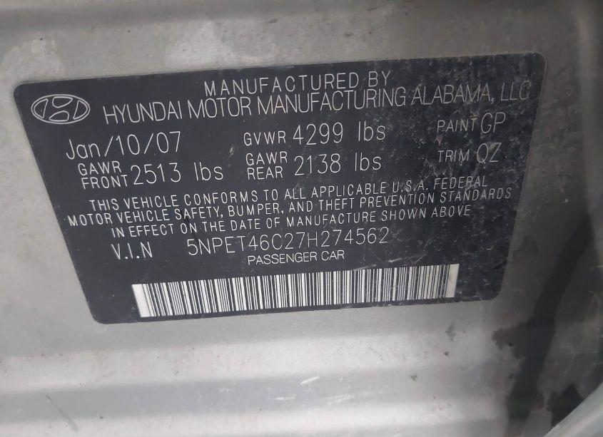Photo 9 of 2007 Hyundai Sonata GLS (VIN 5NPET46C27H274562)