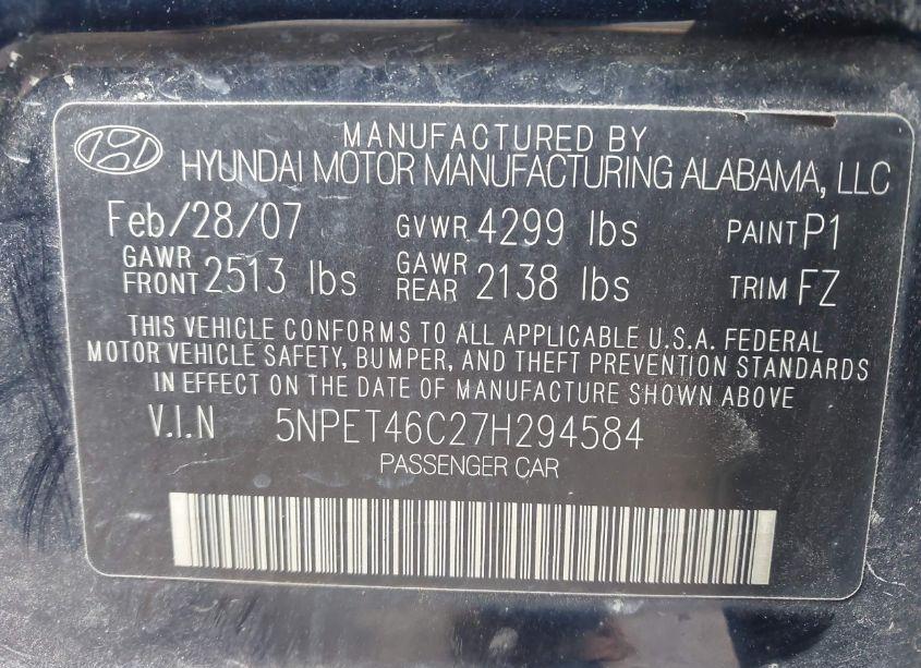 Photo 9 of 2007 Hyundai Sonata GLS (VIN 5NPET46C27H294584)