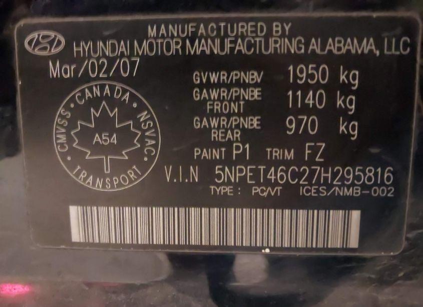 Photo 9 of 2007 Hyundai Sonata GLS (VIN 5NPET46C27H295816)