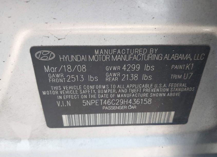 Photo 9 of 2009 Hyundai Sonata GLS (VIN 5NPET46C29H436158)