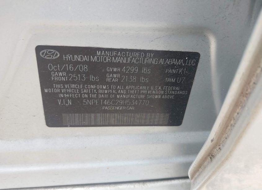 Photo 9 of 2009 Hyundai Sonata GLS (VIN 5NPET46C29H534770)