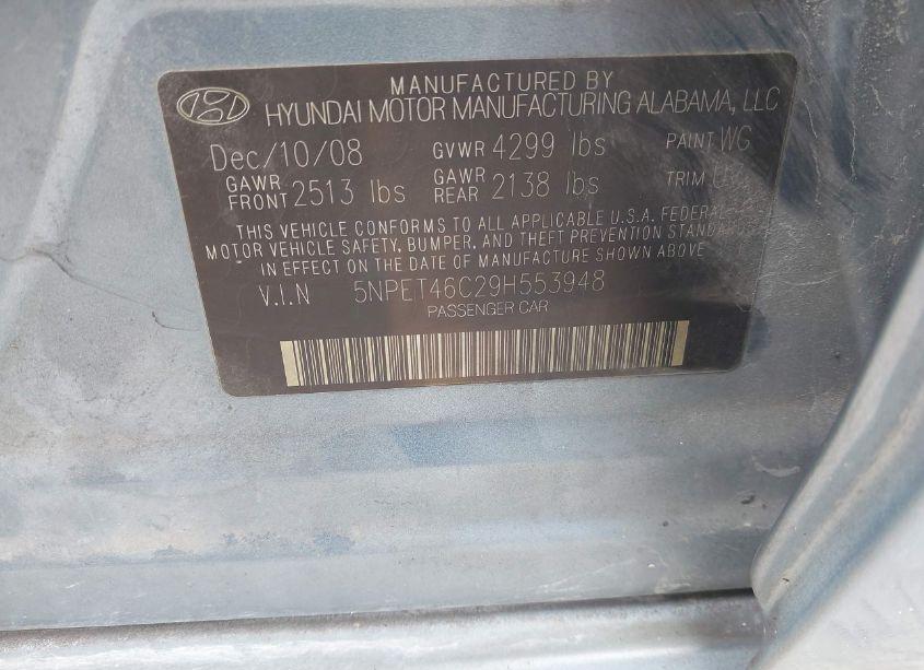 Photo 9 of 2009 Hyundai Sonata GLS (VIN 5NPET46C29H553948)