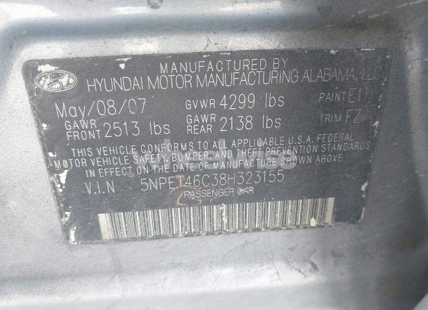Photo 9 of 2008 Hyundai Sonata GLS (VIN 5NPET46C38H323155)