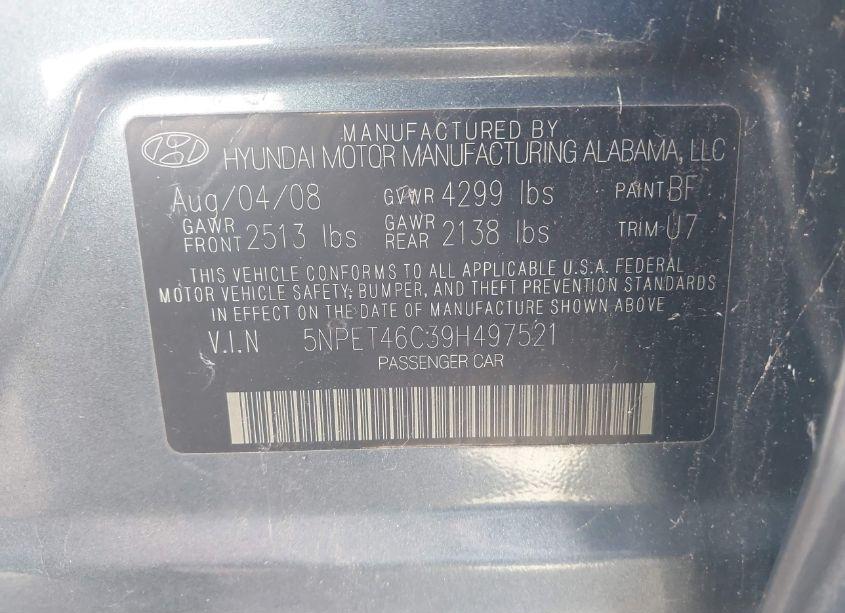 Photo 9 of 2009 Hyundai Sonata GLS (VIN 5NPET46C39H497521)