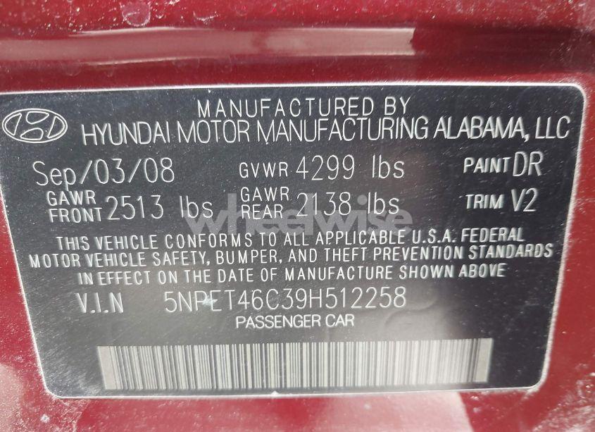 Photo 9 of 2009 Hyundai Sonata GLS (VIN 5NPET46C39H512258)