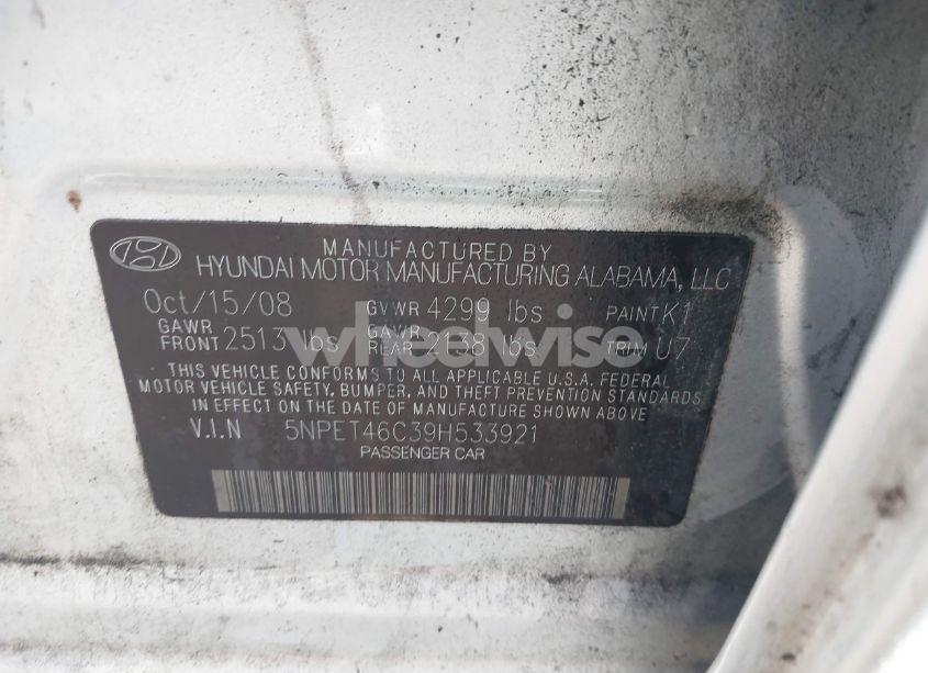 Photo 9 of 2009 Hyundai Sonata GLS (VIN 5NPET46C39H533921)