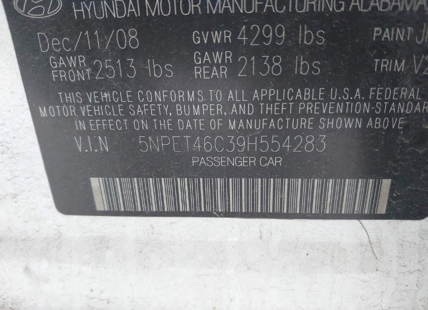 Photo 9 of 2009 Hyundai Sonata GLS (VIN 5NPET46C39H554283)