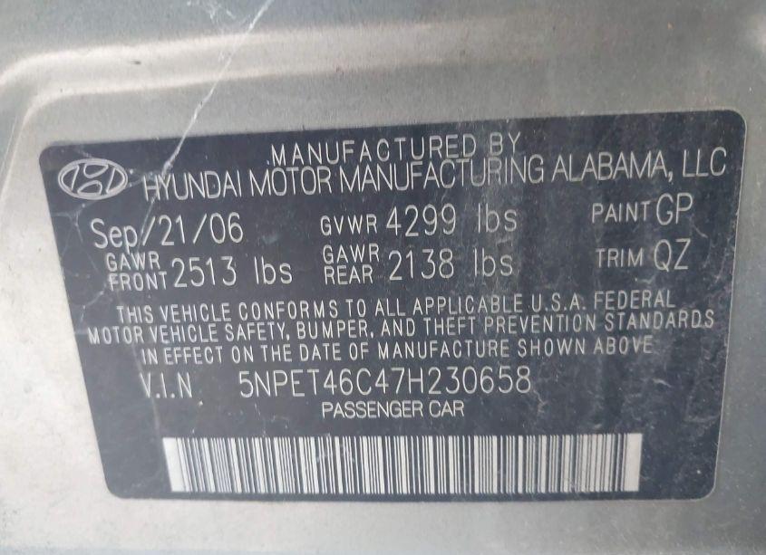 Photo 9 of 2007 Hyundai Sonata GLS (VIN 5NPET46C47H230658)