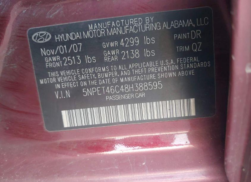 Photo 9 of 2008 Hyundai Sonata GLS (VIN 5NPET46C48H388595)