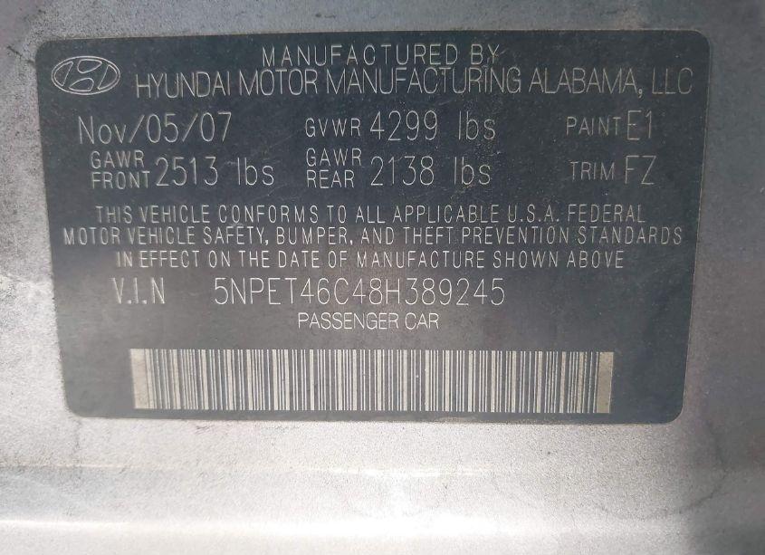 Photo 9 of 2008 Hyundai Sonata GLS (VIN 5NPET46C48H389245)