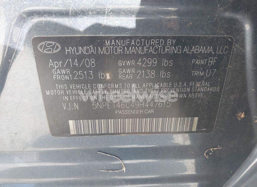 Photo 9 of 2009 Hyundai Sonata GLS (VIN 5NPET46C49H447615)