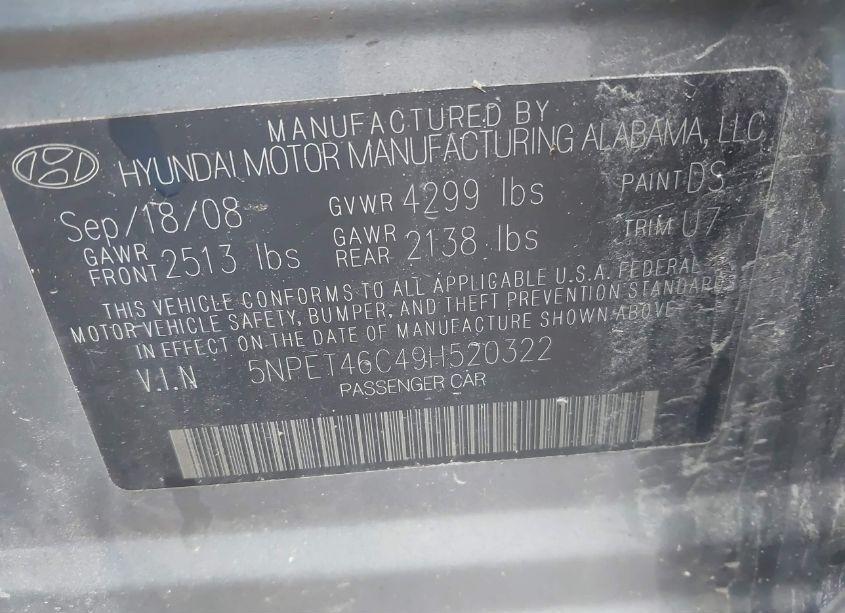 Photo 10 of 2009 Hyundai Sonata GLS (VIN 5NPET46C49H520322)