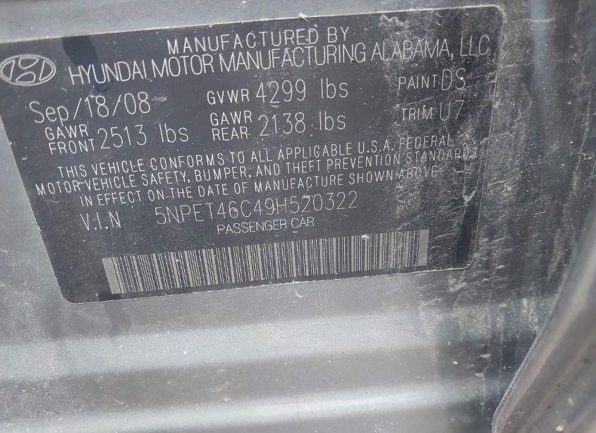 Photo 9 of 2009 Hyundai Sonata GLS (VIN 5NPET46C49H520322)