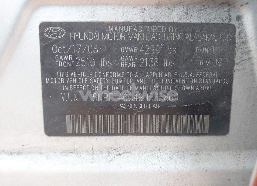 Photo 9 of 2009 Hyundai Sonata GLS (VIN 5NPET46C49H535869)