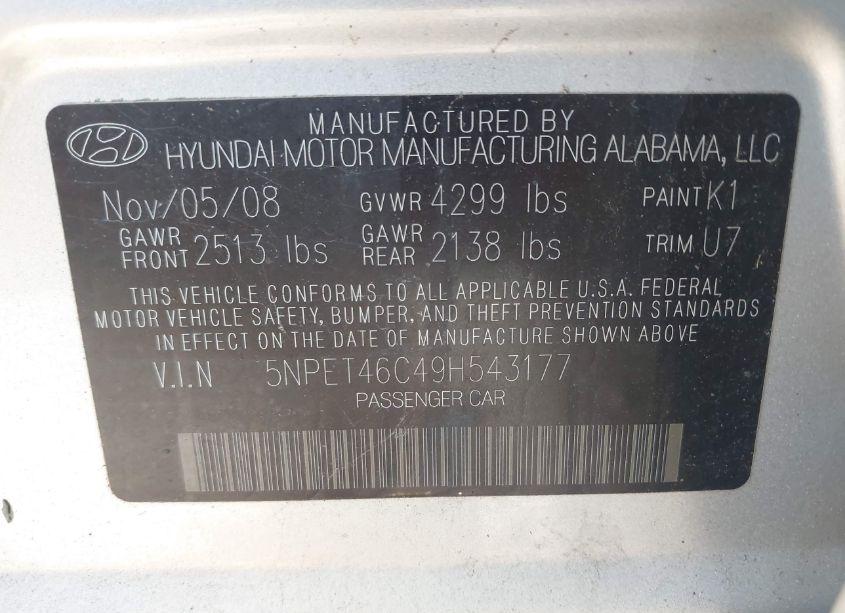 Photo 9 of 2009 Hyundai Sonata GLS (VIN 5NPET46C49H543177)