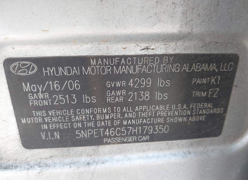 Photo 9 of 2007 Hyundai Sonata GLS (VIN 5NPET46C57H179350)