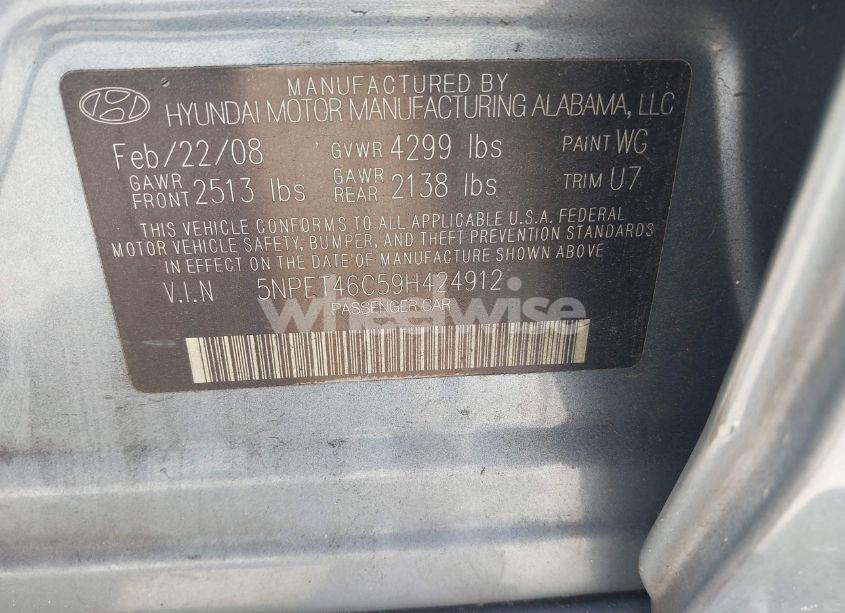 Photo 9 of 2009 Hyundai Sonata GLS (VIN 5NPET46C59H424912)