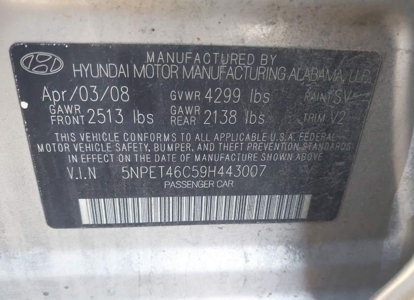 Photo 9 of 2009 Hyundai Sonata GLS (VIN 5NPET46C59H443007)