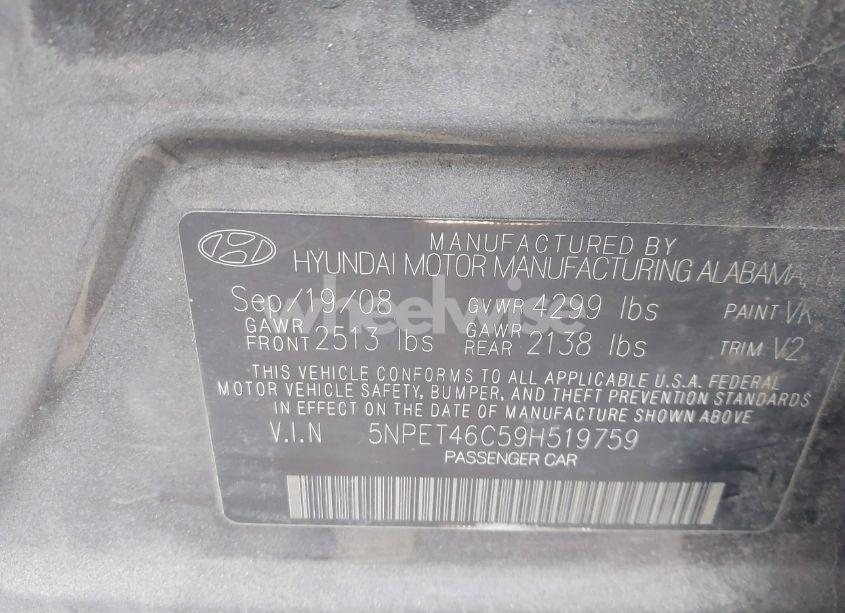 Photo 9 of 2009 Hyundai Sonata GLS (VIN 5NPET46C59H519759)