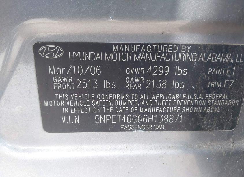 Photo 9 of 2006 Hyundai Sonata GL (VIN 5NPET46C66H138871)