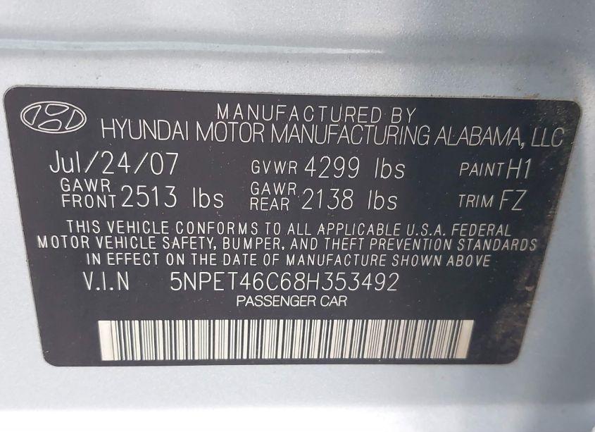 Photo 9 of 2008 Hyundai Sonata GLS (VIN 5NPET46C68H353492)