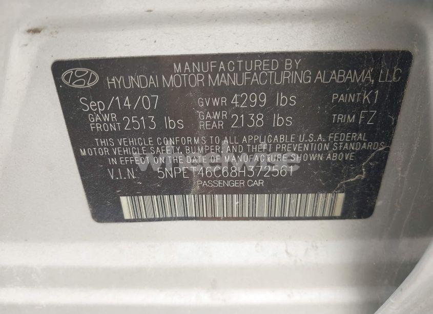 Photo 9 of 2008 Hyundai Sonata GLS (VIN 5NPET46C68H372561)