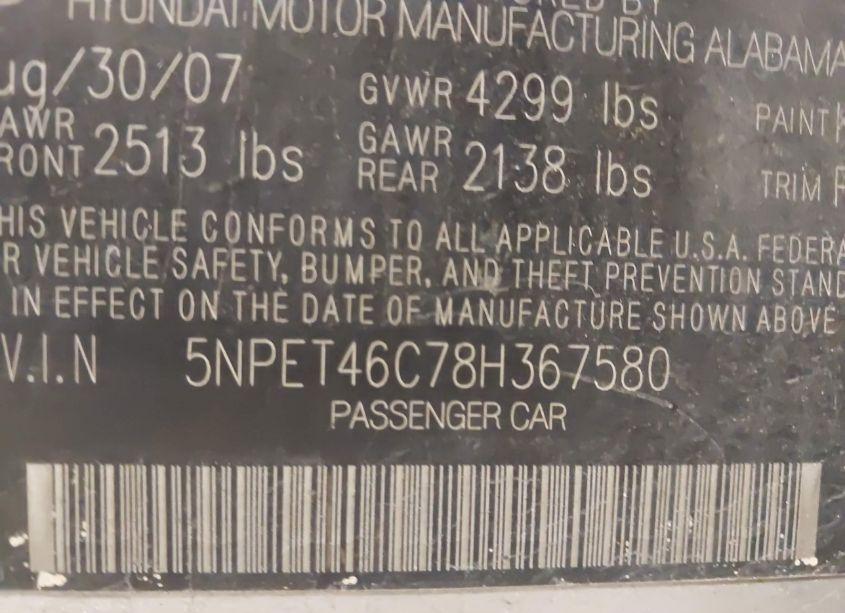Photo 9 of 2008 Hyundai Sonata GLS (VIN 5NPET46C78H367580)