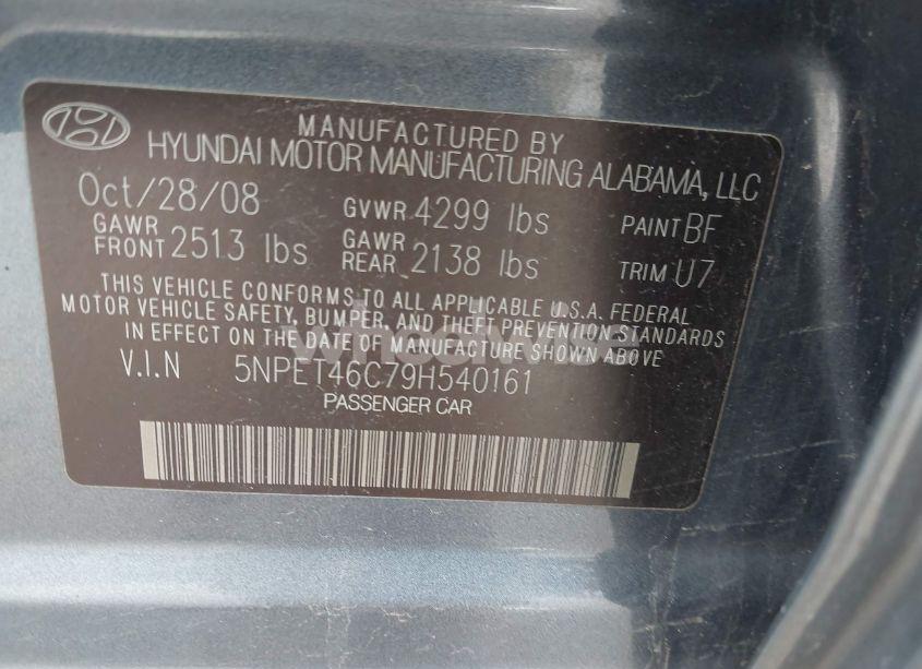 Photo 9 of 2009 Hyundai Sonata GLS (VIN 5NPET46C79H540161)