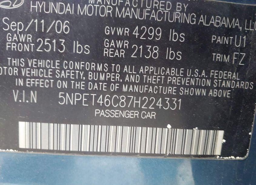 Photo 9 of 2007 Hyundai Sonata GLS (VIN 5NPET46C87H224331)