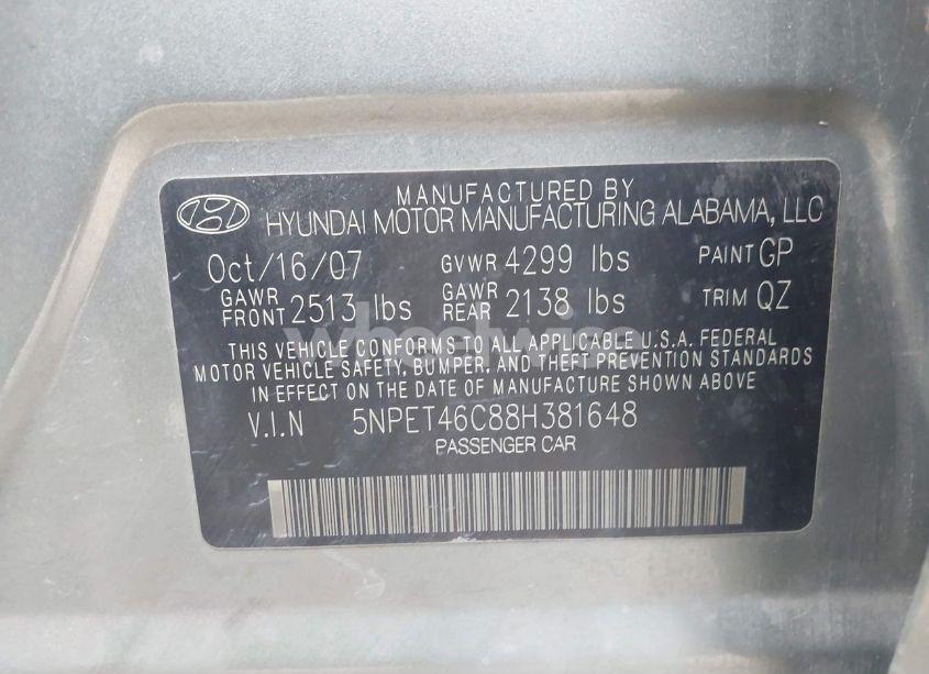 Photo 9 of 2008 Hyundai Sonata GLS (VIN 5NPET46C88H381648)