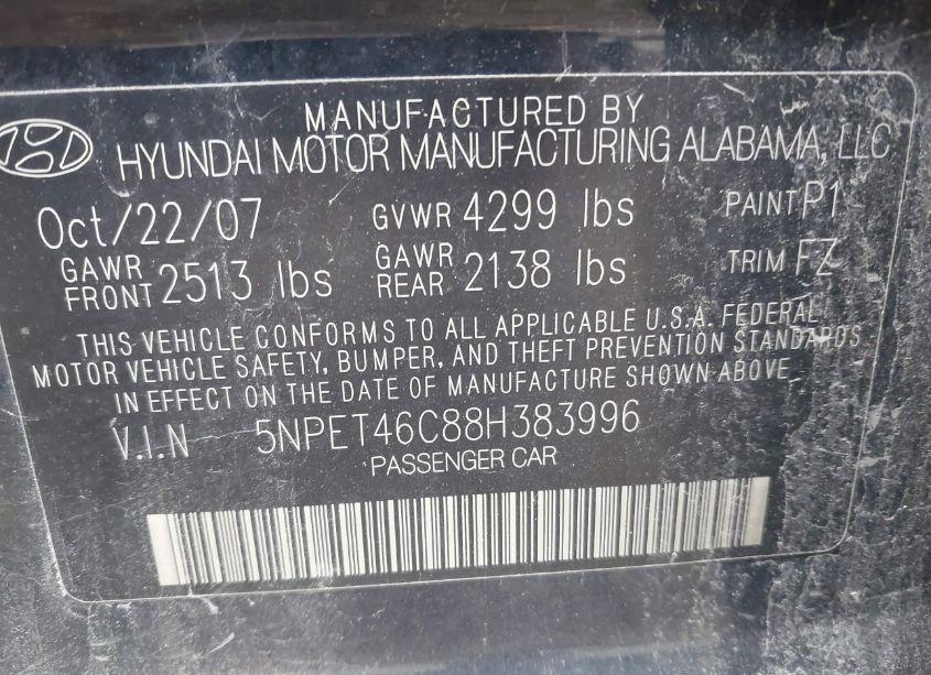 Photo 9 of 2008 Hyundai Sonata GLS (VIN 5NPET46C88H383996)