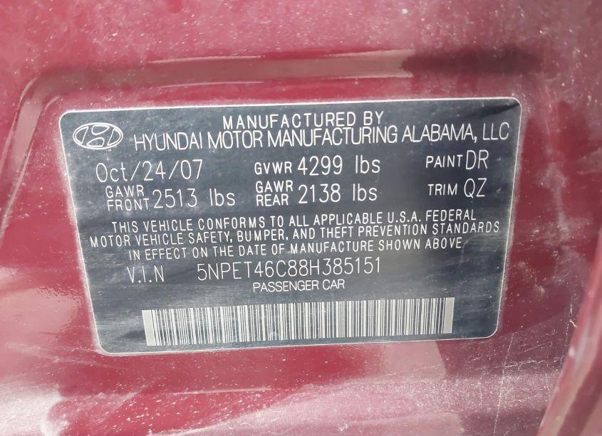 Photo 9 of 2008 Hyundai Sonata GLS (VIN 5NPET46C88H385151)