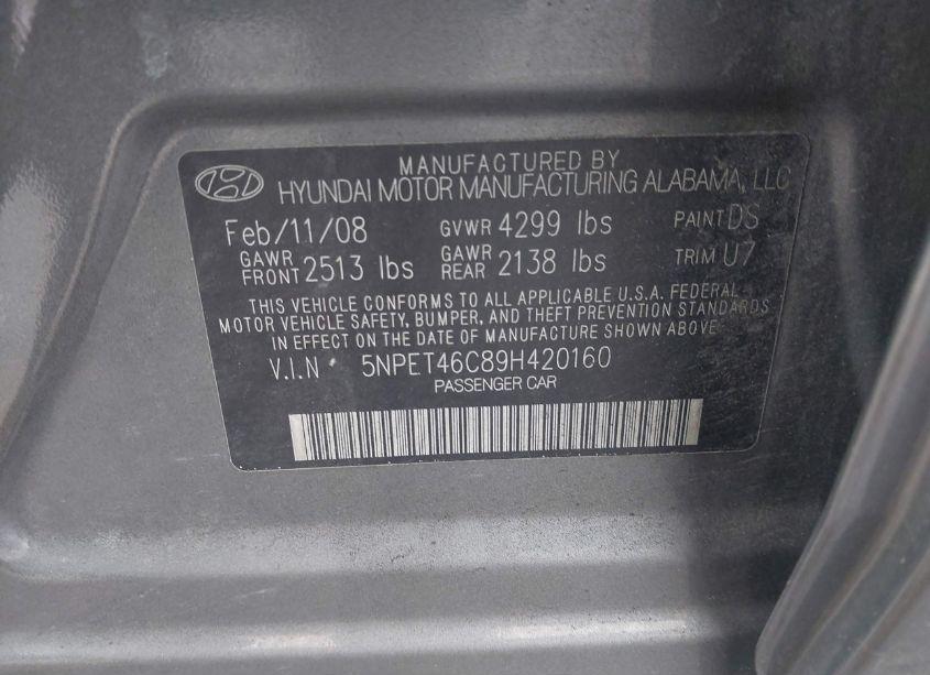 Photo 9 of 2009 Hyundai Sonata GLS (VIN 5NPET46C89H420160)